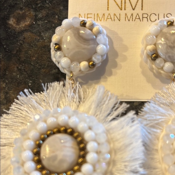 New Neiman Marcus White and Gold Fringe Earrings beaded statement - Picture 3 of 5